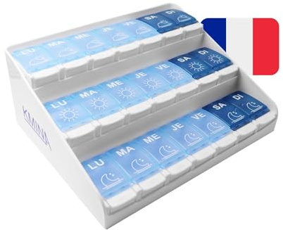 KMINA Pilulier Semainier 7 Jours, Matin Midi Soir, Français | Grand Format, Rangement Médicaments, Ouverture Bouton-poussoir, Du Lundi au Dimanche, Plastique, Breveté, Fabriqué en Europe