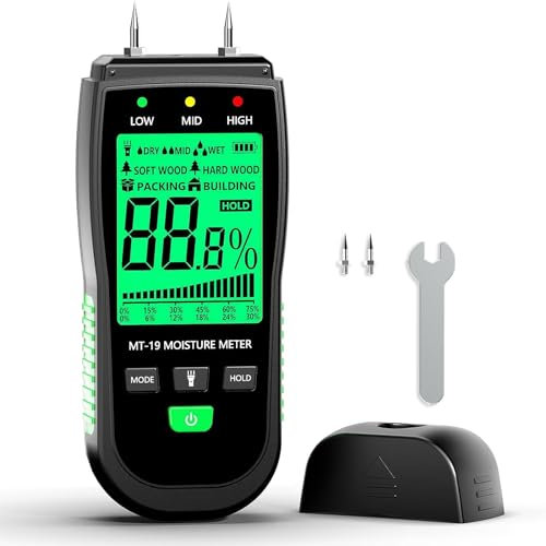 Misuratore di umidità del legno di tipo pin, sensore di umidità digitale con display LCD retroilluminato e avvisi di contenuto di umidità alto-medio-basso per legna da ardere, lavorazione del legno