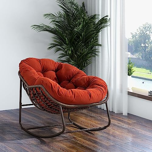 MURUL Mecedora de ratán para exteriores, con cojín acolchado para exteriores, para porche, salón, jardín, terraza, color naranja
