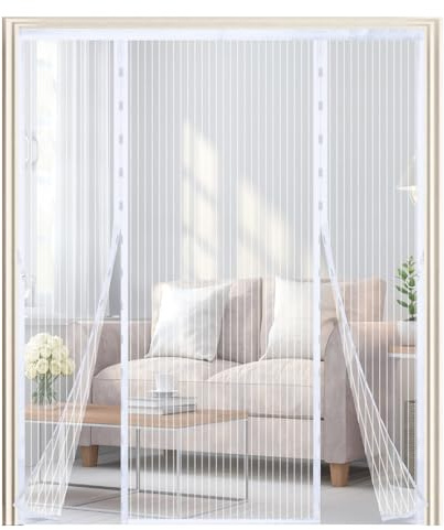 Mosquitera Magnética para Puertas Exteriores 150x205cm,Mosquitera Puerta Magnetica, Doble Apertura Lateral,Sin Agujeros,para Puerta de Balcón, Sótano y Terraza,Blanco