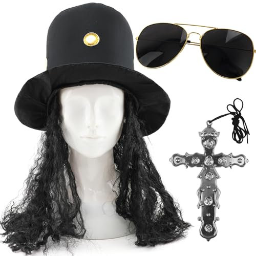 Rock Star Costume Set – Black Top Hat with Attached Hair, Silver Cross Necklace & Sunglasses – 80s Fancy Dress for Stag Dos, Gigs & Music Parties