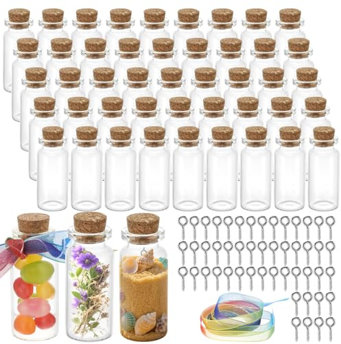 Luziyun 48 Stück Mini Glasflaschen mit Korken, Reagenzglas mit Korken, 10ml Kleine Glasflaschen mit Dekoband, für Hochzeitsdeko, Gastgeschenke