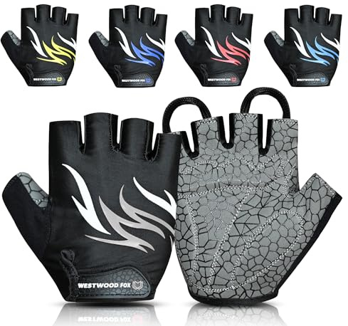 WESTWOOD FOX Cykelhandskar för män kvinnor - halkfria vadderade cykelhandskar med halvfinger, andningsbara, lätta, stötdämpande handflategrepp, bekväma MTB BMX Road Riding-handskar (Grey, XL)