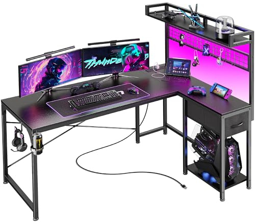 PRAISUN L Shaped Gaming Desk with Shelves, Corner Computer Table with LED Lights, Power Outlets and USB-C Ports, 50 Inch Reversible Home Office Desk with Storage Drawer, for Work and Study, Black