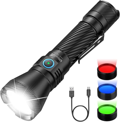 UltraFire Linterna táctica recargable de 1800 lúmenes, 4 colores de luz de caza rojo/verde/azul/blanco, 4 modos, interruptor doble, alcance de 550 metros, IPX8, resistente al agua, camping, caza
