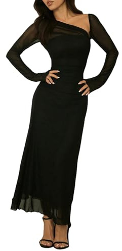 GORGLITTER Damen Figurbetontes Kleid Elegant Bodyconkleid Lang Partykleid Langarm Mesh Freizeitkleid Abendkleid Herbst Festival Outfit Schwarz M