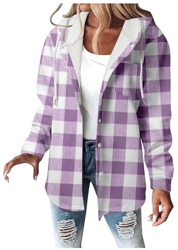 Duohropke Camicia da donna a quadri, a maniche lunghe, camicetta in flanella, con cappuccio, casual, a quadri
