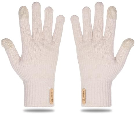 Qwrqwr Handschuhe Winter Damen Strickhandschuhe Touchscreen Funktion Beige Warme Thermo Winterhandschuhe für Damen und Herren Outdoor Sport (Beige)