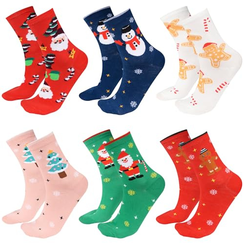AWCIGG 6 Paires Chaussette de Noel Homme et Femme Chaussettes Noël Christmas Socks Socquettes Lot Cadeau Noel Adulte Toute la Famille Motifs Variés Tailles 36-43