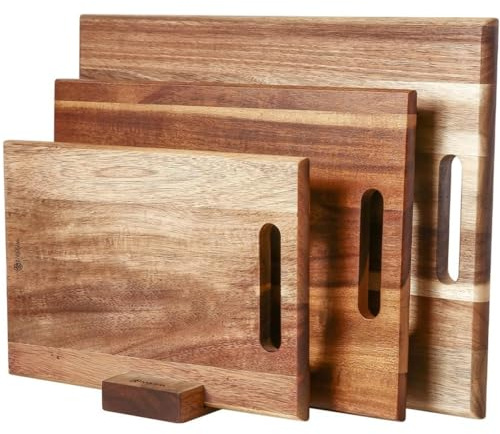 3-Piece Acacia Wood Cutting Board Set with Handle, Large Thick Chopping Block for Kitchen, Butcher Block Trays for Meat, Fruit, Vegetable & Cheese