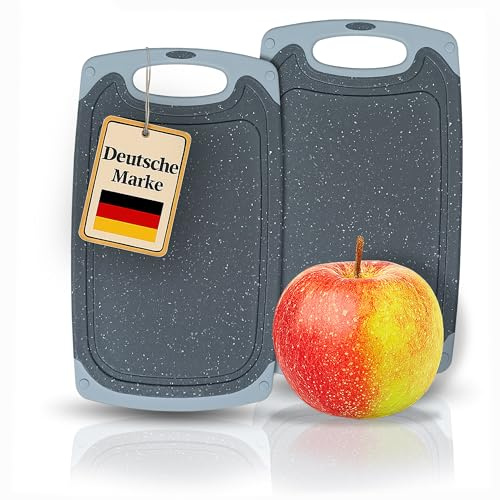 KPYTO 2 kleine Frühstücksbrettchen 24 x 14 cm Schneidebrett Set, spülmascchinenfest, beidseitig, rutschfest mit Saftrille, schwarze Brettcchen mit grauem Rand, Brettchen, Brotzeitbrett