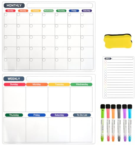 DODUOS 3 Pack Magnetic Calendar for Fridge, Weekly Planner Whiteboard Calendar for Fridge, Magnetic Monthly Planner for Fridge with 6 Markers and 1 Eraser for Fridge Adults and Children 40 × 30 cm