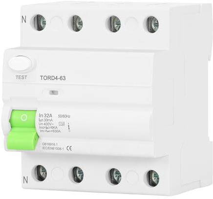 Disjoncteur différentiel triphasé, type A 32 A 30 mA 400 V, montage sur rail DIN, pour systèmes électriques résidentiels et industriels.