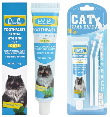 2 pezzi dentifricio gatto con 2 pezzi di spazzolino da denti per cani e gatti, rimuove il rivestimento e il tartaro, l'alito fresco e buono per i denti