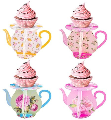 Vintage Tea Party Decorations - Victorian Style 8 Piece Cake Stands Set for Afternoon Tea, Bridal Shower & Garden Parties - Eco-Friendly Paper Decor (Blue/Pink/Yellow)