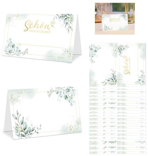 Tischkarten Schön dass du da bist,Tischkarten Hochzeit Eucalyptus Boho | 60 Stück 110x85mm Platzkarten zum selbst,Platzkarten & Namenskarten zum Beschriften für Hochzeit Geburtstag Bankett