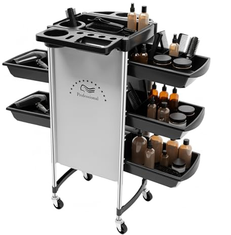 Chariot de coiffeur multifonction avec 5 tiroirs, chariot de salon à 6 étages, chariot de tatouage sur roulettes, pour salon de beauté, coiffeur (blanc cassé, noir)
