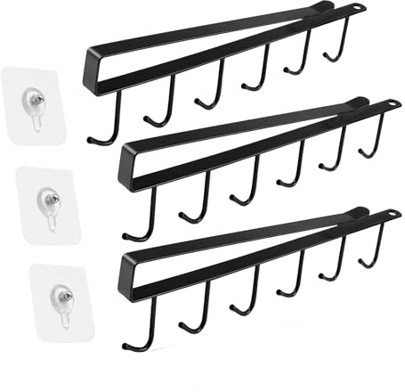 Cruban Colgador Bajo Estante Adhesivo (Pack 3) – Organizador Multifuncional sin Taladro para Tazas, Gorras, Cinturones y Utensilios – Ganchos Metálicos para Ahorrar Espacio