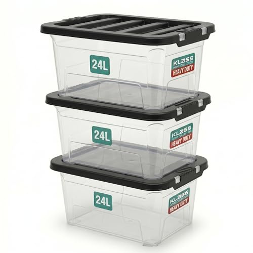 Klass 3 PCS 24L Plastic Storage Boxes With Lids Clear Storage Box Black Lid | 3 Pack, 24 Litre Multipurpose Nestable Stackable Storage Box, Medium Storage Containers For Home, Kitchen, Craft, Office