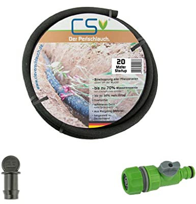 20m CS Perlschlauch Startup mit Durchflussreduziertem Regulierventil und Endstopfen für die Gartenbewässerung und Hochbeetbewässerung mit bis zu 70% Wasserersparnis bei unterirdischer Verlegung