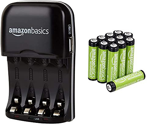 Amazon Basics Chargeur de Piles Ni-MH AA et AAA avec Port USB & Piles Rechargeables AAA, Pré-Chargées - Lot de 12