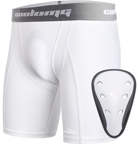COOLOMG Athletic Cups Youth Boys Sliding Shorts with Protective Cup Baseball Football MMA Lacrosse Hockey White M