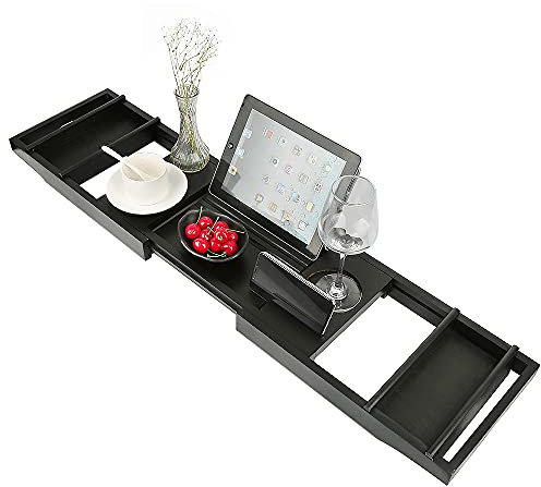 HUOLE Plateau Extensible pour Salle de Bain, Plateau de Baignoire en Bambou Naturel, Support pour Serviette de Bain, Verre à vin, étagère de Lecture, Support pour Tablette, 70-105cm