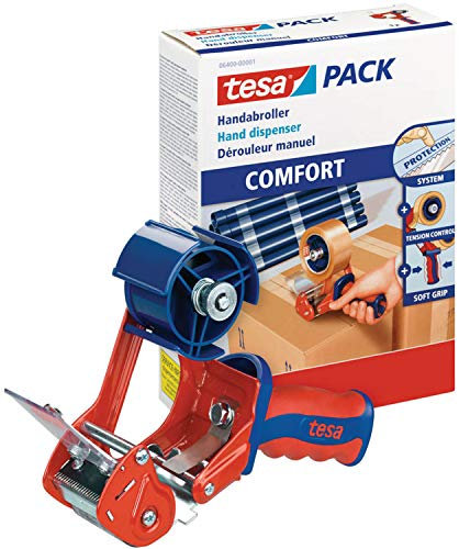 tesa Packband Handabroller, Modell Comfort für Rollen bis 66m x 50mm (+ 12 Rollen Ultra Strong braun)