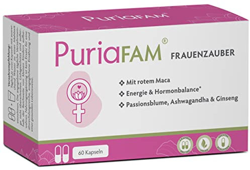 PuriaFAM® Frauenzauber - vegan - Rotes Maca Frauen - 60 Kapseln - Ashwagandha, Passionsblume - Hormon Balance Frauen