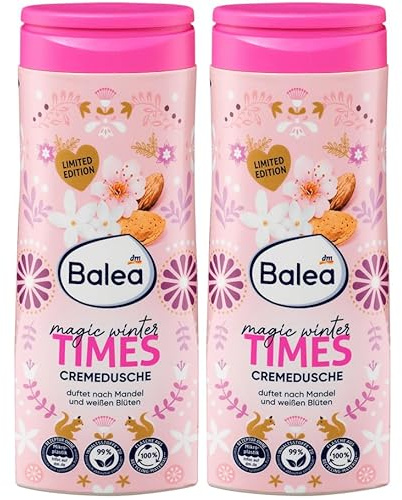 Balea 2er-Set Duschgel Magic Winter Times Cremedusche duftet nach Mandeln, weißen Blüten & Weihnachten, milde Rezeptur schützt vor Austrocknen, pH-hautneutral für empfindliche Haut, 2 x 300 ml (600ml)