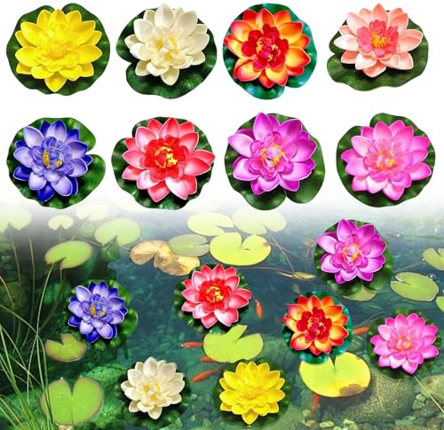 Qunkun 8 Stück Schwimmende Blumen, Künstliche Seerosen, schwimmend Lotusblüten, Lotusblüte Wasserlilie, Eva Lotus Flower Teich für Verwendet in Pools, Aquarien, Bachszenen