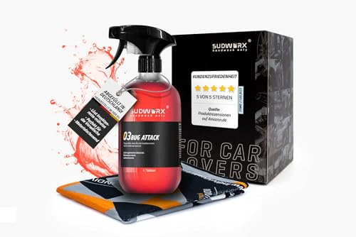 sudworx® 03 Bug Attack Insektenentferner Auto – Flüssig – Lackschonend & hochwirksam – Eiweißlöser für Fliegen & Mücken – Vorwäsche Autopflege – in Deutschland abgefüllt – 500ml + Mikrofasertuch