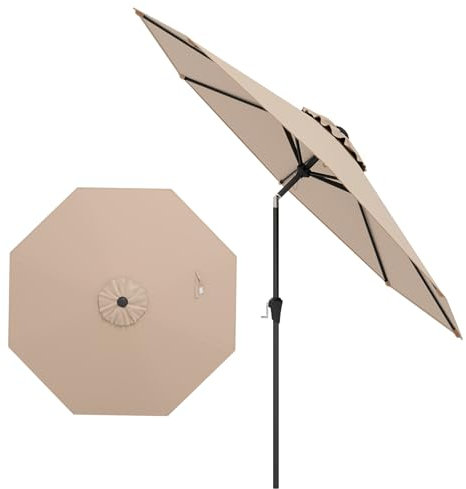GYMAX Ombrellone da Giardino, Ø 2,7 m, Inclinazione 35°, con Manovella e 8 Stecche Resistenti, Foro di Ventilazione, Parasole in Metallo, per Patio, Piscina, Mercato (MARRONE)
