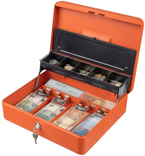 Tera Anti-Diebstahl-Geldkassette - mit schwerem Geldfach und Schlüsselschloss 4 Scheine 5 Münzen-Innenfach 30x24x9cm Großer Safe für kleine Unternehmen, Flohmärkte und zu Hause KL380 Orange