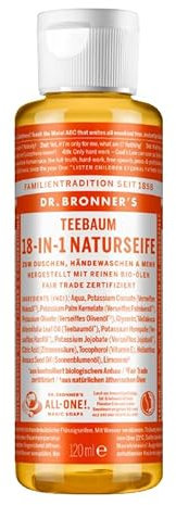 Dr. Bronner's Savon naturel 18 en 1 - Savon liquide biologique - Arbre à thé à l'huile essentielle d'arbre à thé bio - Gel douche, savon pour les mains, shampooing et bien plus encore - Avec huile de