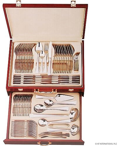 NEW 95PC CUTLERY SET WOODEN CASE KITCHEN RESTAURANT SPOONS SILVER PATTERN DESIGN