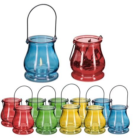 Relaxdays Windlicht, 12er Set, aus Glas, Henkel zum Aufhängen, innen & außen, Teelichthalter, HxD 9,5x8,5 cm, Mehrfarbig