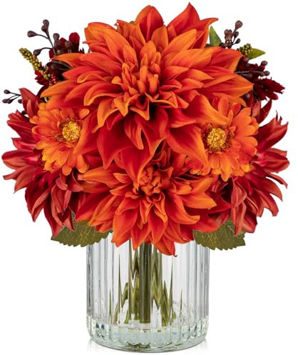 Briful Künstliche Blumen mit Vase, Kunstseide, Dahlie und Mutter, Herbstarrangement in Glasvase für Zuhause, Büro, Zimmer, Tischdekoration, Herbstblumendekoration (Orange)