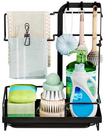 JOUING Spülbecken Organizer Sink Caddy Organizer für Küche und Bad Edelstahl Schwammhalter mit Abflusspfanne Multifunktional Waschbeckenhalter für Schwamm, Seife, Bürste, Waschlappe