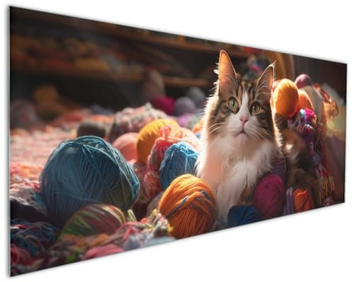 Wallario Küchenrückwand aus Glas 125 x 50 cm, Motiv: Katze in einem Berg von Wollknäuel | Spritzschutz abwischbar & pflegeleicht