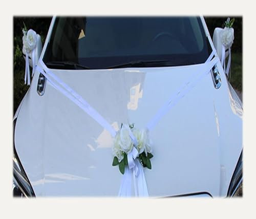 Yurosiay Autoschmuck Hochzeit Motorhaube Hochzeitsauto Girlande Romantische Braut Paar Rose Blumen Deko Auto Hochzeit Dekoband Car Wedding Blumengirlande Autoschleifen für Hochzeitsdeko Weiß
