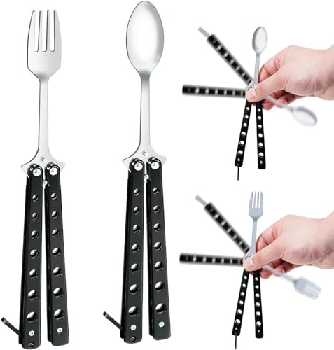 Schmetterlingsgabel und Löffel, Edelstahl, wiederverwendbar, Göffel für Reisen, Camping, Jagd, Outdoor-Küche, 2 Stück (schwarz)
