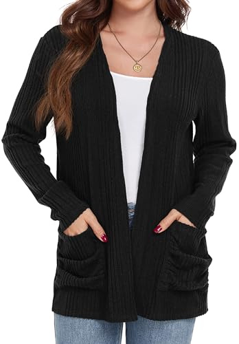 GRECERELLE Strickjacke Damen Lang Elegant Cardigan Warme Lässig Leichtes Frauen Herbst Langarm Pullover Mit Taschen Gestrickt Strickjacken (Schwarz,L)