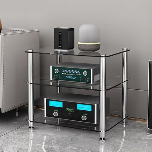 GUAWJRZDP Mehrstufiger Audio Rack Hi Fi Regal, Hi Fi Rack Aus Gehärtetem Glas, Offenes Phonoschrank, Hi Fi Regal Mit Stoßdämpfendem Design, Plattenspieler Regal for Wohnzimmer(Clear,3-Tier)