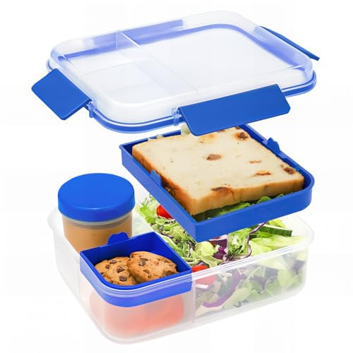 Bugucat Lunchbox Erwachsene 1600ML, Auslaufsichere Brotdose Bento Box Erwachsene mit Fächern, Lunchbox Kinder Salatbox to Go mit Soßenbox, Snackbox Frühstücksbox für Schule Picknick Büro, Blau