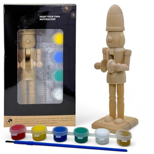 MIJOMA DIY Nussknacker Set aus Holz zum Selbstgestalten & Bemalen mit 6 Farben & Pinsel, 16cm hoch, Weihnachtsschmuck, Christbaumschmuck, Weihnachtsdekoration, Weihnachtsanhänger (Musiker)