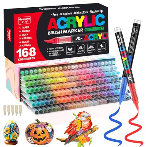 Funnasting 168 Colours Acrylic Paint Pens, Soft Brush Tip Acrylic Marker Pens, Paint Markers for Colouring, Glass, Fabric, Egg, Rock Painting and DIY Crafts Art Supplies