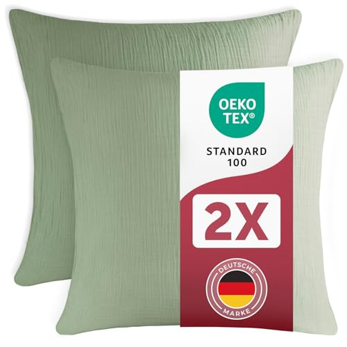 Blumtal Musselin Kissenbezug 80x80 cm 2er Set - Sommergrün - Grün | OEKO-TEX zert. Musselin Kopfkissenbezug 80x80 aus 100% Baumwolle - weiches Kissen-Set waschbar bei 40 °C