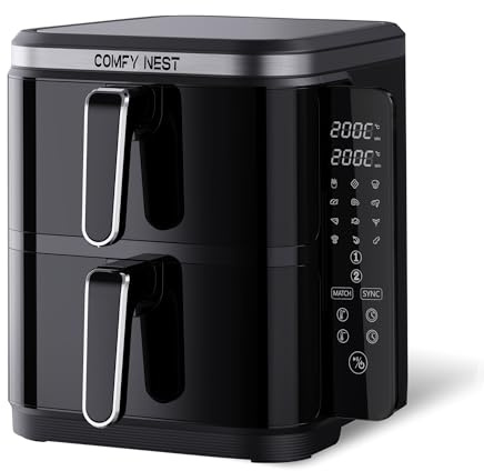 Comfy Nest, Freidora de aire doble cesta 11L, Freidora de aire, cocción simultánea, pantalla táctil digital, tecnología Rapid Air, seguridad reforzada, fácil de limpiar - 5,5L, Negro