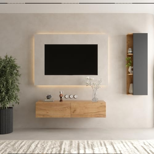 Planetmöbel TV-Schrank, Fernsehtisch 140 cm lang | 1x TV-Schrank 40 x 130 x 17 cm hängend, Fernsehschrank für Wohnzimmer, 1x TV Lowboard 140 x 30 x 37,8 cm, Gold Eiche